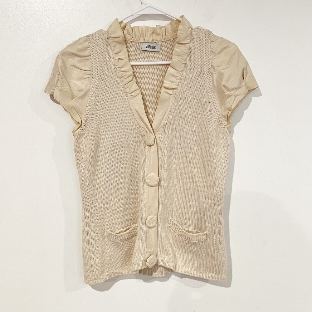 MOSCHINO Cashmere & Silk Blend Cream V-Neck Short Sleeve Ruffle Cardigan Small